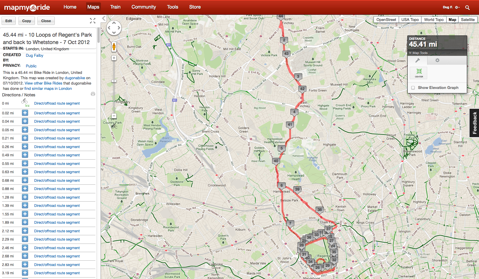45.44 miles -- -) Looping Regents Park and back to Whetstone