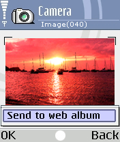 A screengrab from a Nokia 7610 shows the one-click image upload interface