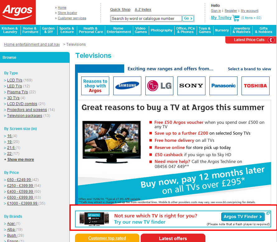 Argos TV finder