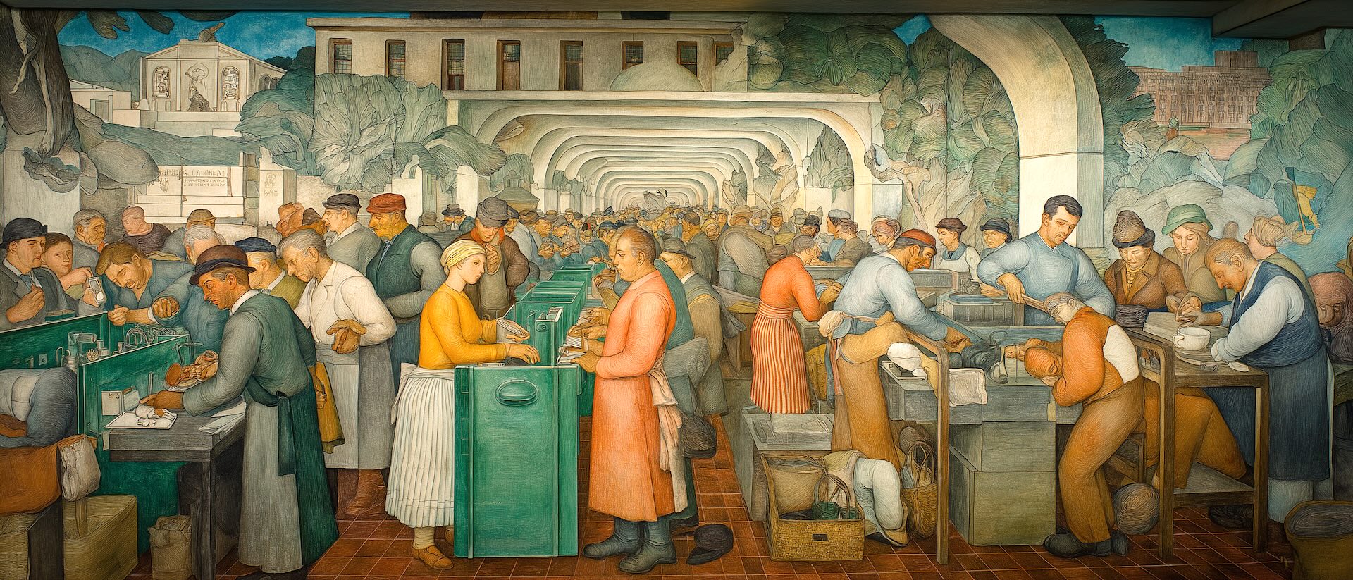Universal digital access to public services interpreted by Midjourney in the style of Diego Rivera
