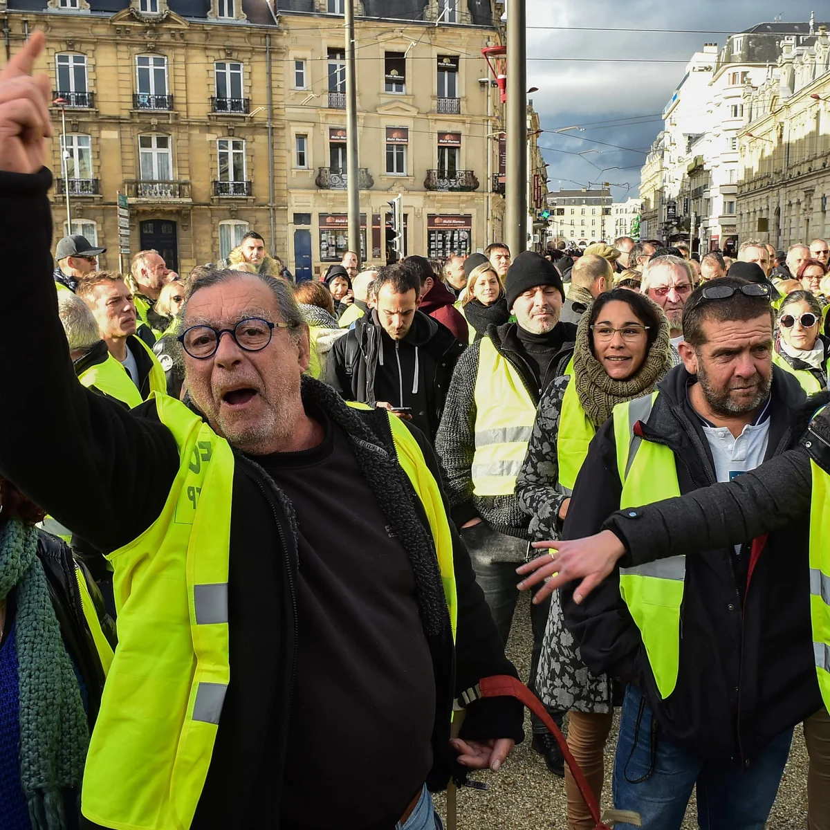 Gilets jaunes protestors in Le Mans, north-west France. Photograph: Jean-François Monier/AFP
