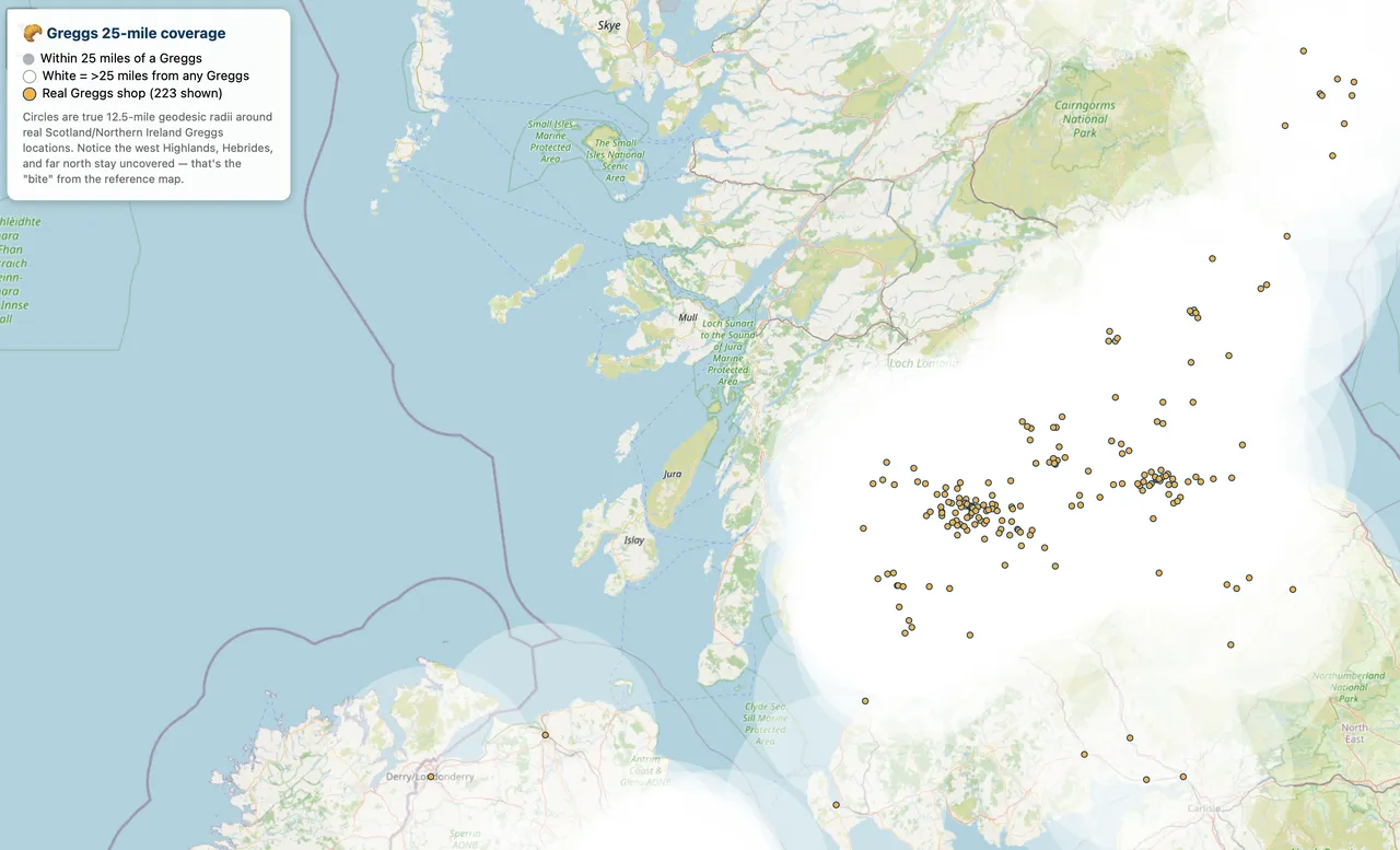 A map of Greggs stores in Scotland and Northern Ireland, each with a circle 25 miles across (a 12.5-mile radius) around it.