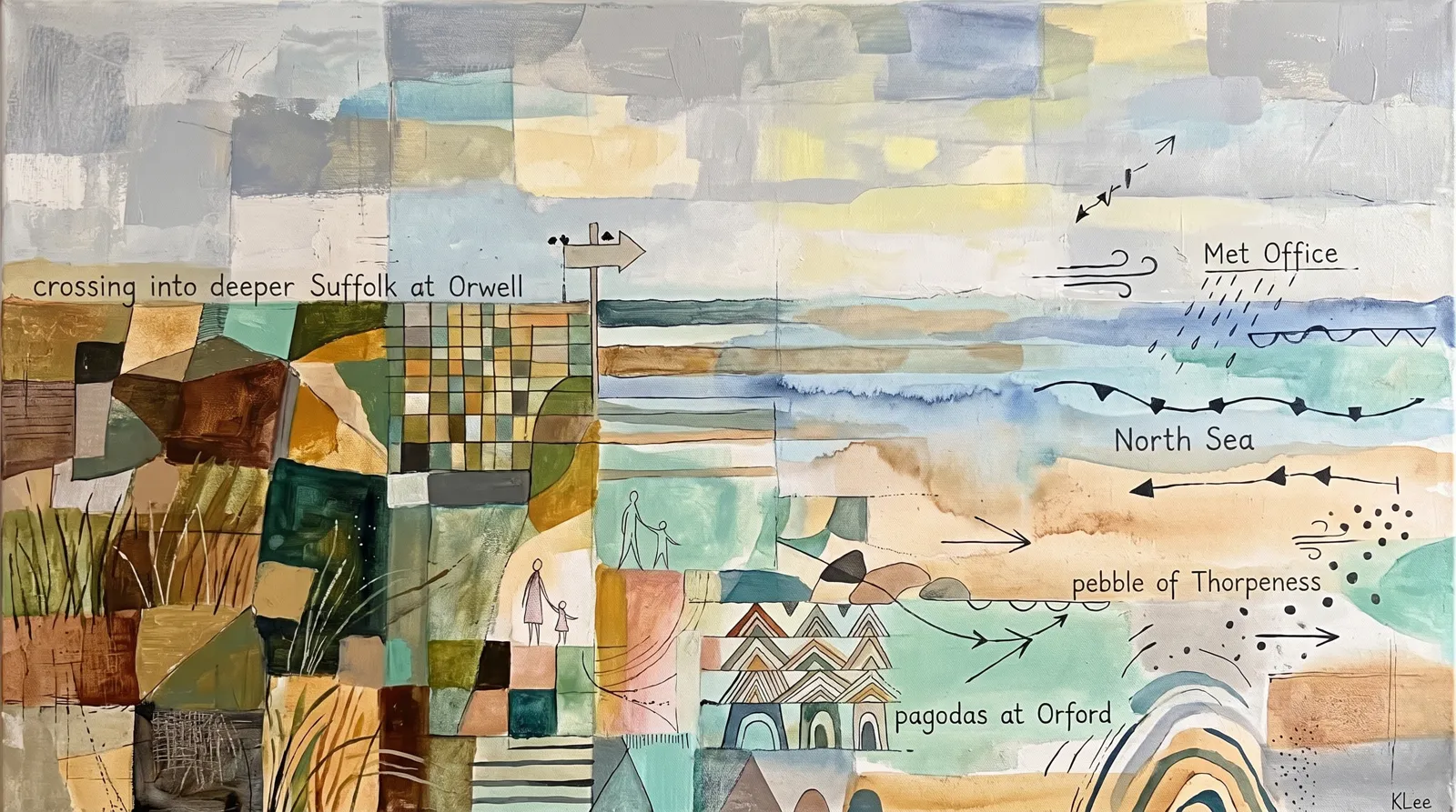 Painting in the manner of Paul Klee of a Suffolk coast, with patchwork fields, the North Sea, the pagodas at Orford, a pebble of Thorpeness and two figures walking hand in hand