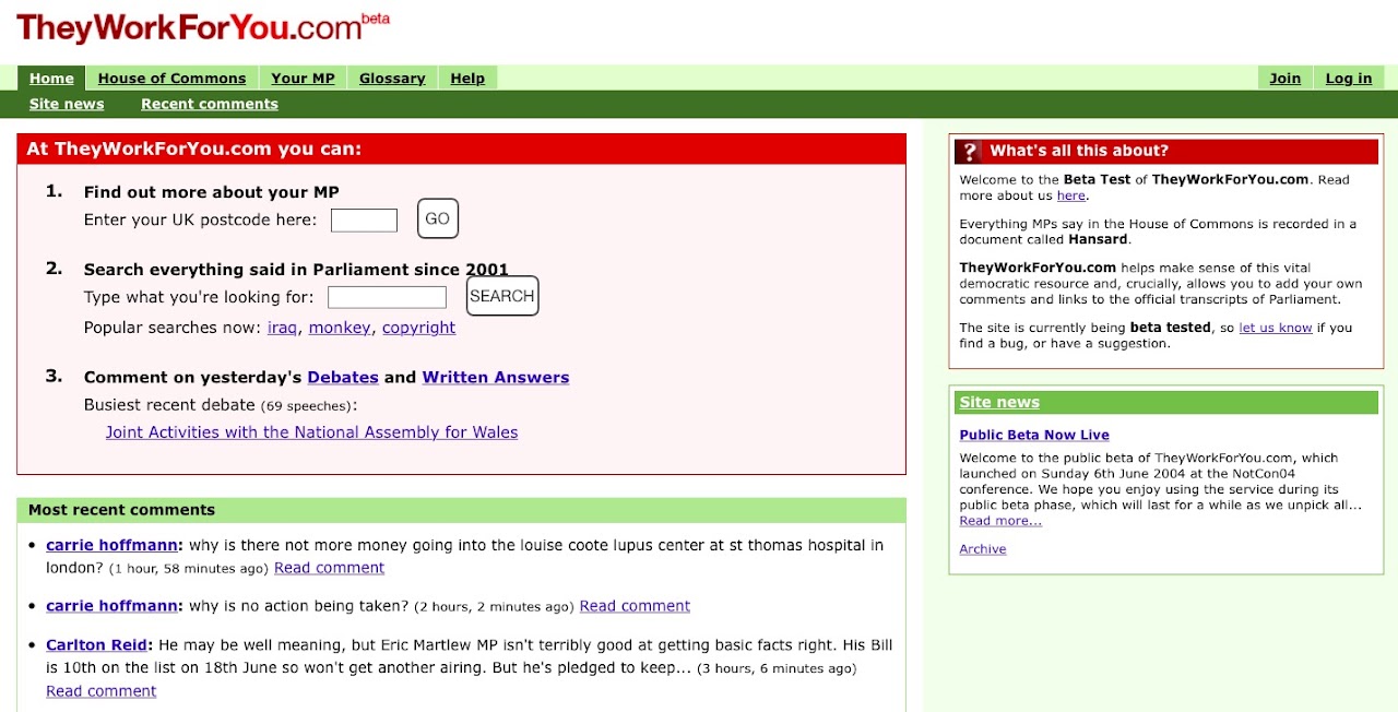Screenshot of the TheyWorkForYou website